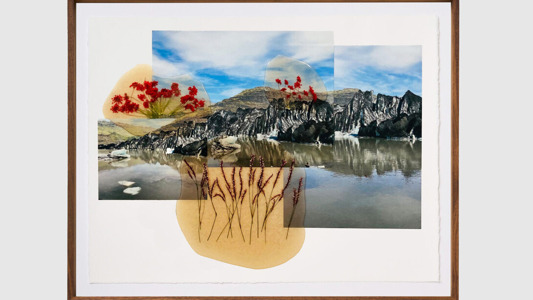 Jil Weinstock, Fjall Tindur Is (Mountain Peak and Ice), 2024. Photographs, rubber, plant life, and thread on Rives BFK paper, 19 x 26 inches. Courtesy of Winston Wächter Fine Art, New York 