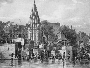 Munikurnuka Ghat, Benares, from the River (1832), a lithograph by the Anglo-Indian scholar, antiquarian, and mint assay master James Prinsep. Courtesy of the British Library, London, UK