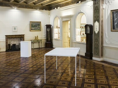 Giovanni De Lazzari, Imago, 2014, wood, iron, prepared wood, oil on prepared board; Senza titolo, 2009, cardboard, print on paper, Fondazione Adolfo Pini 2019, credit by Andrea Rossetti