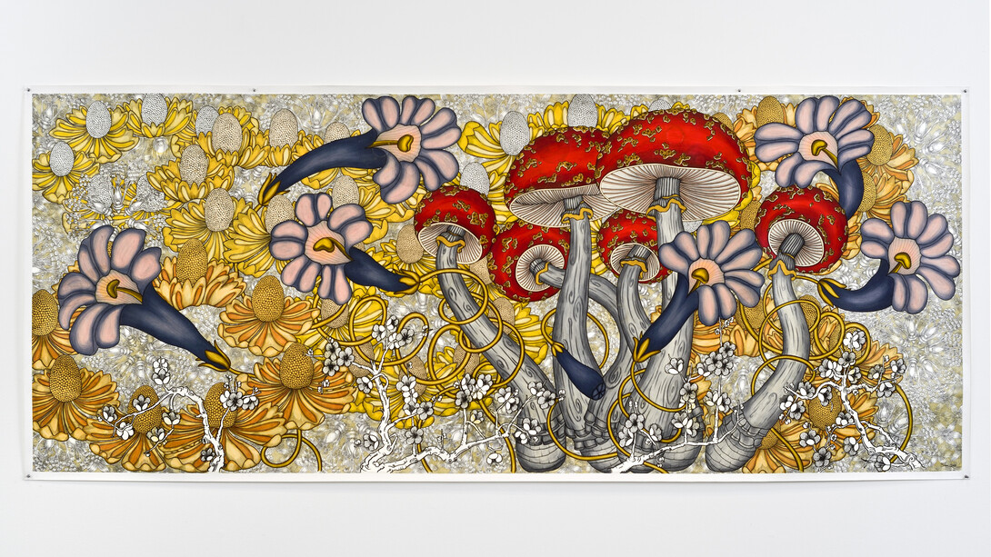 Nancy Blum, Harbinger, 2012, ink, colored pencil, gouache and graphite on paper, 50 x 122 in., Courtesy of the artist and Reynolds Gallery, Richmond.