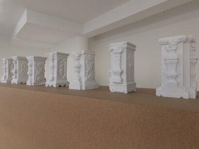 Oliver Laric, Yuanmingyuan 3D, 2014, 7 3D-printed polyamide columns, Dimensions variable, Installation view at Entrée, Bergen, Norway. Photo: Bent René Synnevåg. Image courtesy of the artist and Tanya Leighton Gallery, Berlin