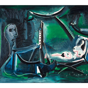 Pablo Picasso, Le peintre et son modèle dans un paysage, 1963, Oil on canvas, 25 5/8 x 39 3/8 inches, Acquavella Galleries Art © 2015 Estate of Pablo Picasso / Artists Rights Society (ARS), New York
