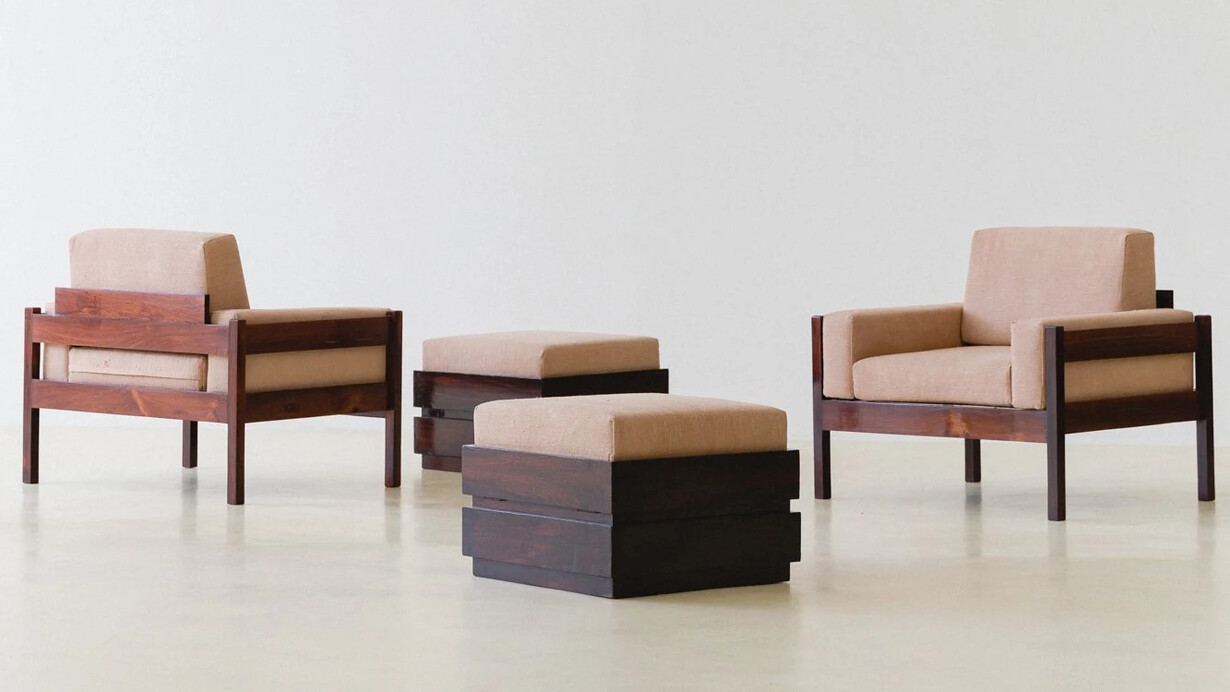 Celina Decorações, Armchairs with storage ottomans (pair), 1960s. Courtesy of Bossa Furniture 