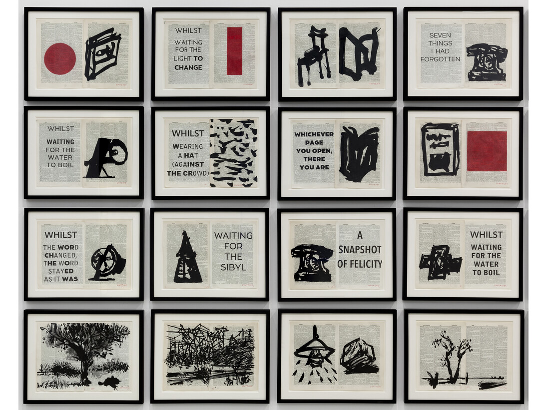 William Kentridge, Untitled, 2014, India ink and red pencil on Shorter Oxford Dictionary, Frame: 14-3/4 x 18-3/4 x 1 in. (each)