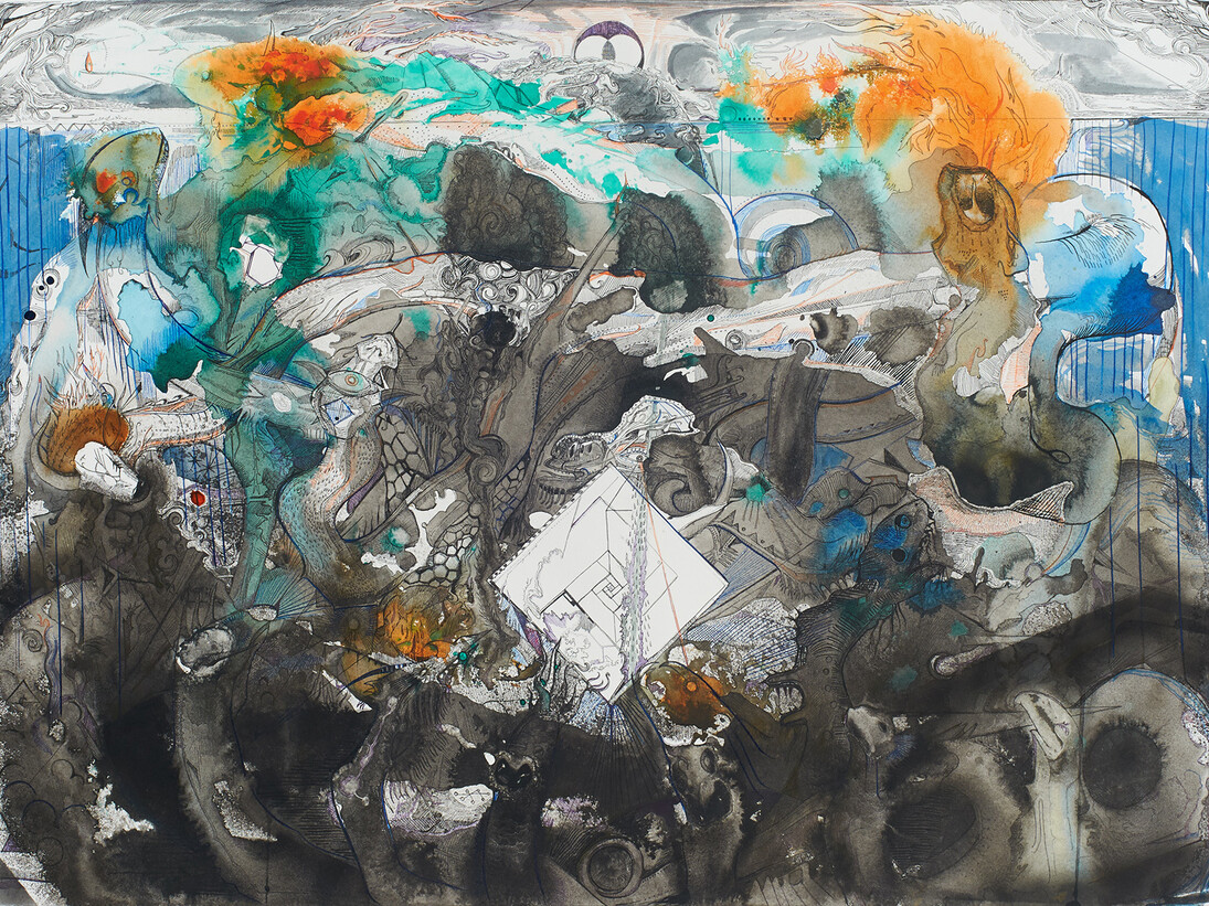 Max Razdow, Six and Seven Headed Serpents, 2013, Pen and ink on paper, 22 x 30 inches
