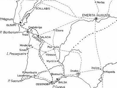 Localização e principais vias de comunicação das cidades marítimas lusitanas (Vasco Gil Mantas, "As cidades marítimas da Lusitânia") 