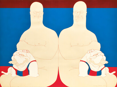 May Stevens, Big Daddy Beach Scene, 1970, Gouache and ink on paper, 22 1/4 x 30 in