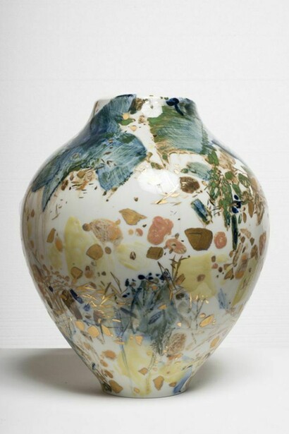 Vase No. 55, 2008, porcelain, hand painted by the artist with highlights in gold, unique, 14 x 11 x 11 inches