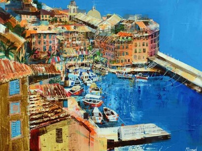 Mike Bernard RI, Camogli, Italian Riviera, mixed media on canvas, 24 x 30 ins (61 x 76 cms)