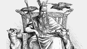 Il dio norreno Odino in trono, affiancato dai suoi due lupi, Geri e Freki, e dai suoi due corvi, Huginn e Muninn, e con in mano la lancia Gungnir, da "Manual of Mythology : Greek and Roman, Norse, and Old German, Hindoo and Egyptian Mythology" di Alexander Murray, 1874 