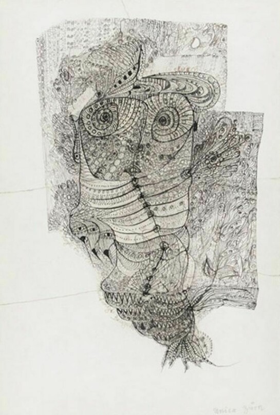 Unica Zürn, Guten Abend mein Ungleuck wie geht es Dir? [Good Evening Bad luck, How Are You?] / Ich kegle in Dir um das unentwegte Beugen [I control In You the Constant Bending], ca. 1958, ink on paper (torn anagram drawing reassembled by Hans Bellmer), 11 1/8 x 7 1/2 inches (28.3 x 19.1 cm) – image, 13 5/8 x 10 1/2 inches (34.6 x 26.7 cm) – mount, signed on recto