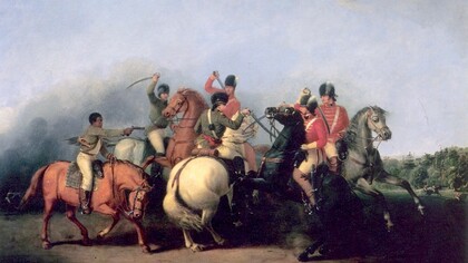 Representación de la Batalla de Cowpens de 1781 que muestra a un «patriota» negro, posiblemente un esclavo, en el extremo izquierdo disparando su pistola y salvando la vida del coronel William Washington, montado en un caballo blanco en el centro; de una pintura de 1845 de William Ranney
