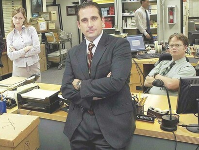 Michael Scott leading his team composed of Dwight K. Schrute and Pam Beasley from the massive show "the office"