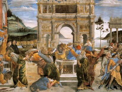"Punizione dei ribelli", Sandro Botticelli 	affresco, 1481-1482, parete sulla nord della Cappella Sistina, Città del Vaticano