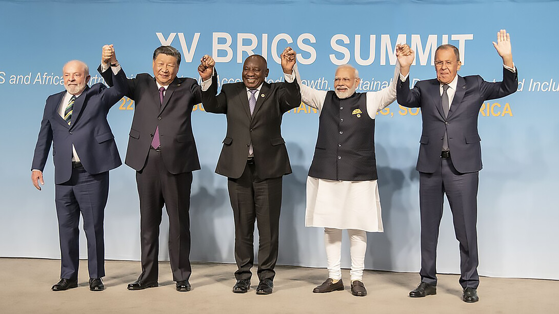 President of Brazil Lula da Silva, President of China Xi Jinping, President of South Africa Cyril Ramaphosa, Prime Minister of India Narendra Modi and Minister of Foreign Affairs of Russia Sergey Lavrov, in a family photograph, Luiz Inácio Lula da Silva in 2023 in Johannesburg, South Africa, on August 22, 2023
