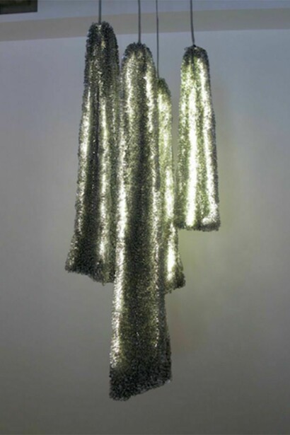 Alice Hope, Untitled, 2014, LED lights, turtle net and aluminum tabs, 39 x 10 x 3 in; 99 x 25.4 x 7.6 cm (sizes vary)