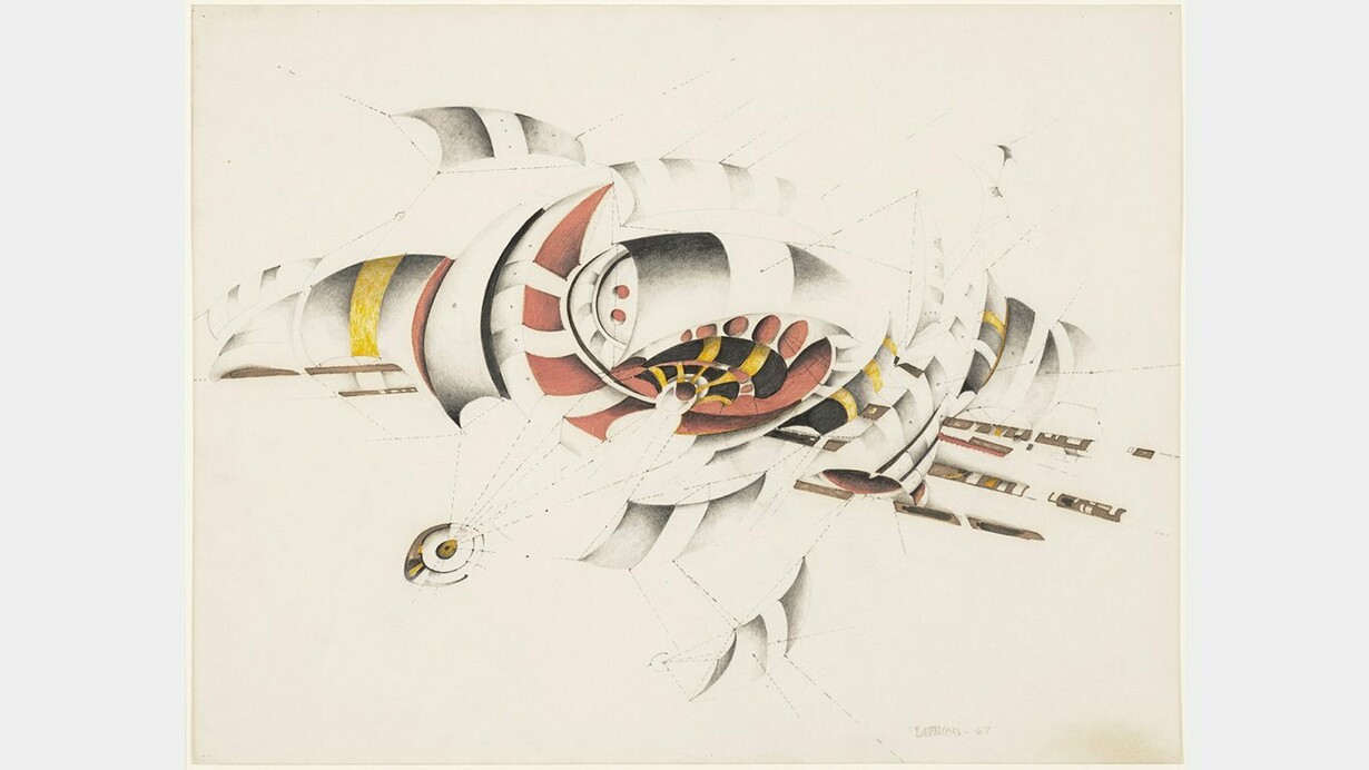 Lee Bontecou,
Untitled, 1967,
acrylic, pencil and ink on paper,
20h x 26w in,
50.80h x 66.04w cm. Courtesy of the artist and Adams and Ollman Gallery