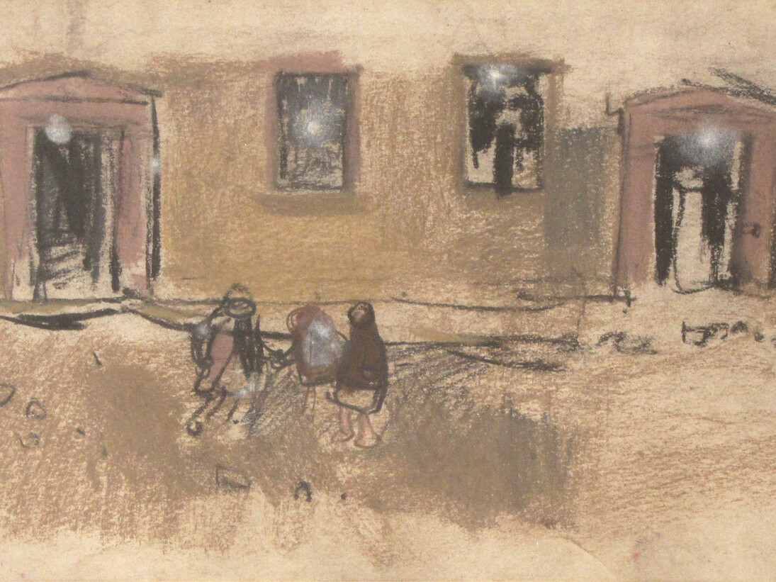 Joan Eardley,  Street Scene, pastel, 14 x 22.5 cm