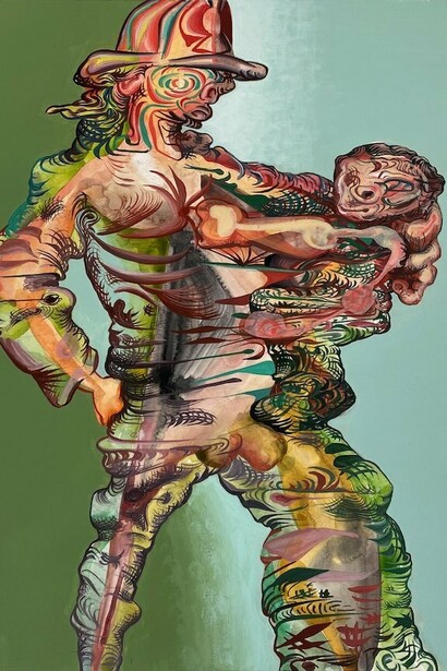 James Esber, Untitled (Fireman and Child) (detail), 2023, acrylic on paper, 17 x 14 in. Courtesy of the artist and Kathryn Markel Fine Arts