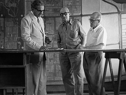 P.L. Varma, Le Corbusier, and Pierre Jeanneret in the office, collaborating on groundbreaking architectural designs, 1955