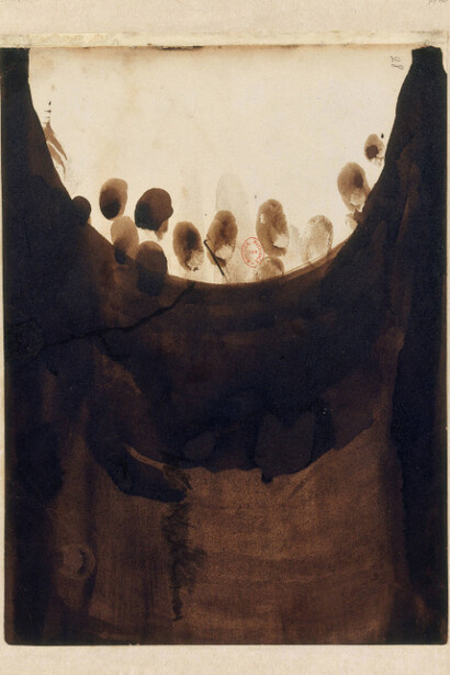 Victor Hugo, Taches avec empreintes de doigts (Abstract composition with fingerprints), ca. 1864‒65. Brown ink and wash on paper. 10 1/4 × 7 11/16 in. (26 × 19.5 cm). Bibliothèque nationale de France. NAF 13345, fol. 28 © Bibliothèque nationale de France.