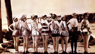 Mack Sennett's Bathing Beauties: models striking poses in iconic swimsuits from the 1920s era