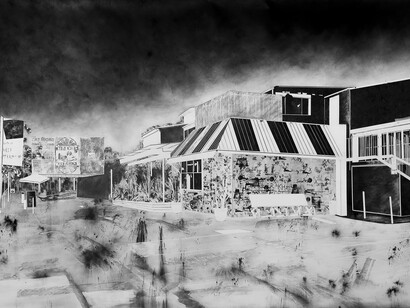 Maxime Duveau, Sunset Bar, 190x320cm, 2015, fusain, transfert, tampons sur papier