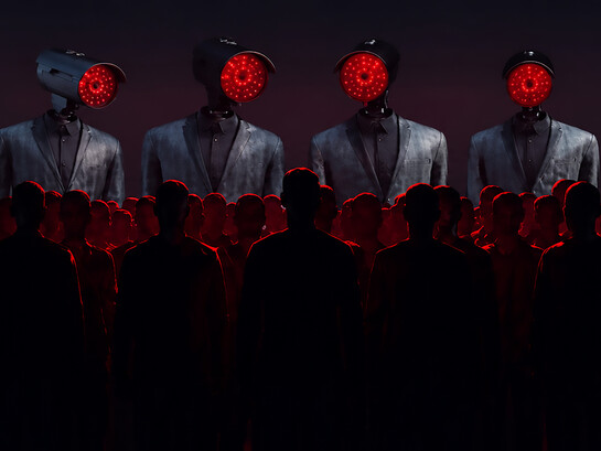 Artificial intelligence monitors people through advanced surveillance cameras, illustrating a dystopian world with no privacy or personal secrets