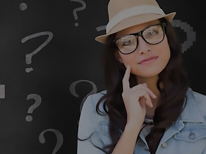A contemplative woman, surrounded by a backdrop of question marks, symbolizing her inquisitive nature