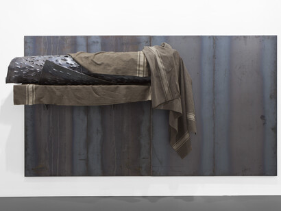 Jannis Kounellis, Untitled, 2012, Iron, military blankets 200 x 400 x 50 cm. Courtesy of Bernier/Eliades Gallery