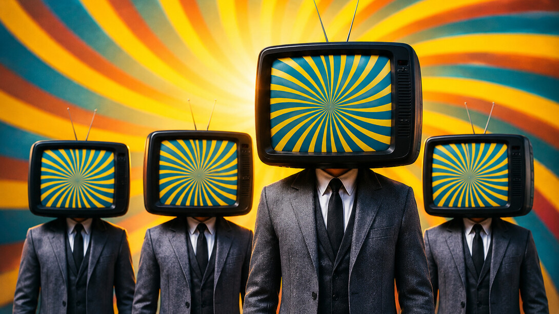 Homens de terno aparecem com televisões no lugar da cabeça, numa imagem que mistura anonimato, propaganda e alienação mediática. O texto questiona justamente o espetáculo político contemporâneo e a transformação da realidade em permanente circo audiovisual