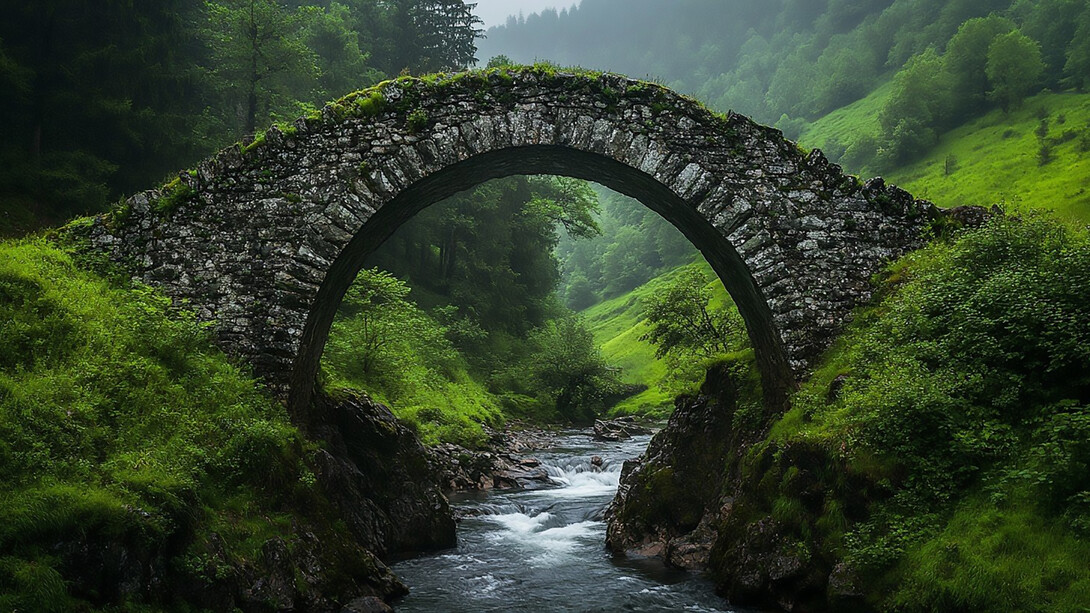 An ancient stone bridge rises gracefully over a flowing river, set in a misty green valley that evokes endurance and timeless connection