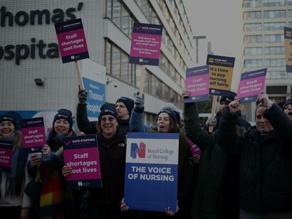 Nurses on a picket line outside a London hospital in London, UK