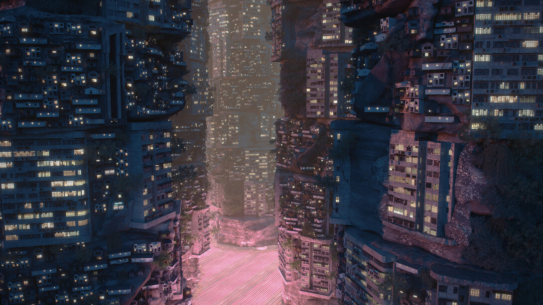 Key-frame tratta dal film "Planet City" (2021) di Liam Young: un'immensa e complessa città iperbolica, una grande Megalopoli di 10.000.000.000 di abitanti dove vive l’intera popolazione mondiale