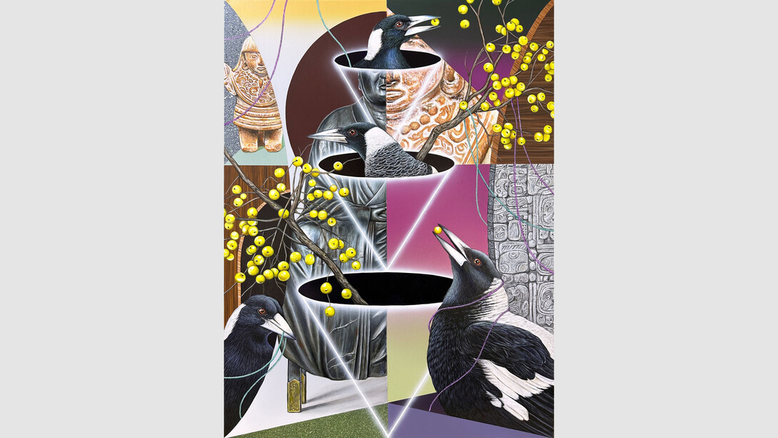 Christian Ruiz Berman, Hide and seek, 2023. Acrylic on panel, 45.72h x 60.96w cm, 18h x 24w in. Courtesy of Nicodim Gallery