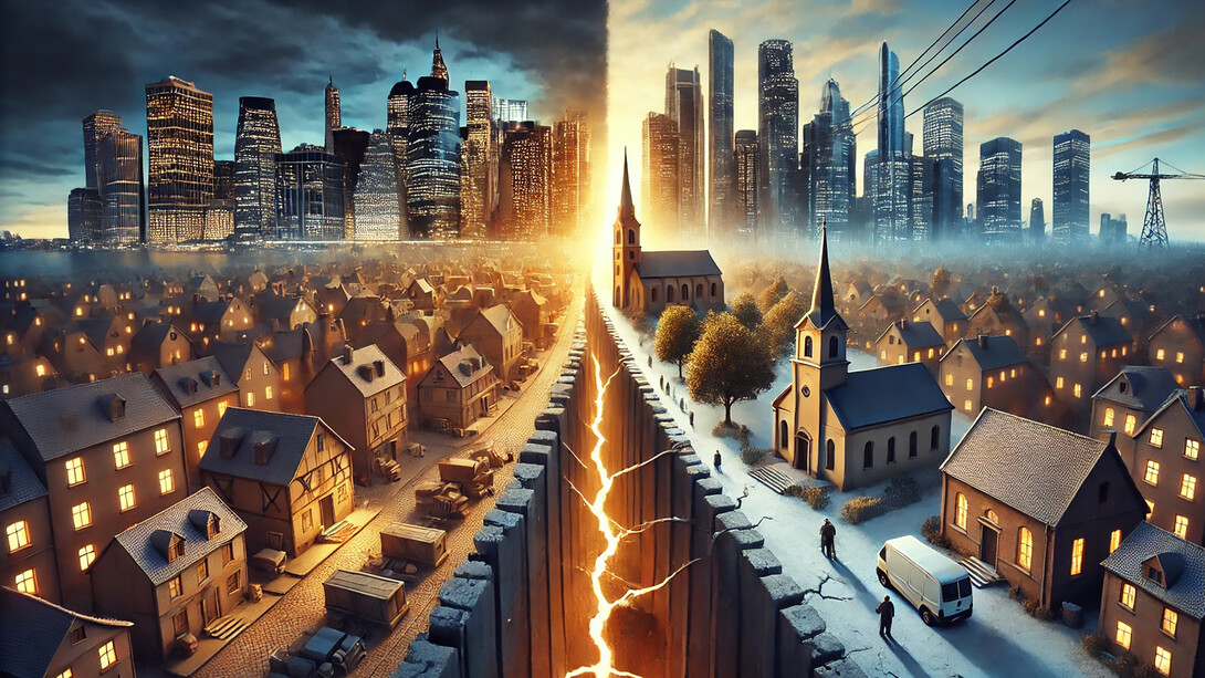 A symbolic representation of the fragile alliance between neoliberalism and conservatism: a bustling modern cityscape juxtaposed with a quiet traditional town, divided by a cracked bridge, highlighting the ideological contradictions