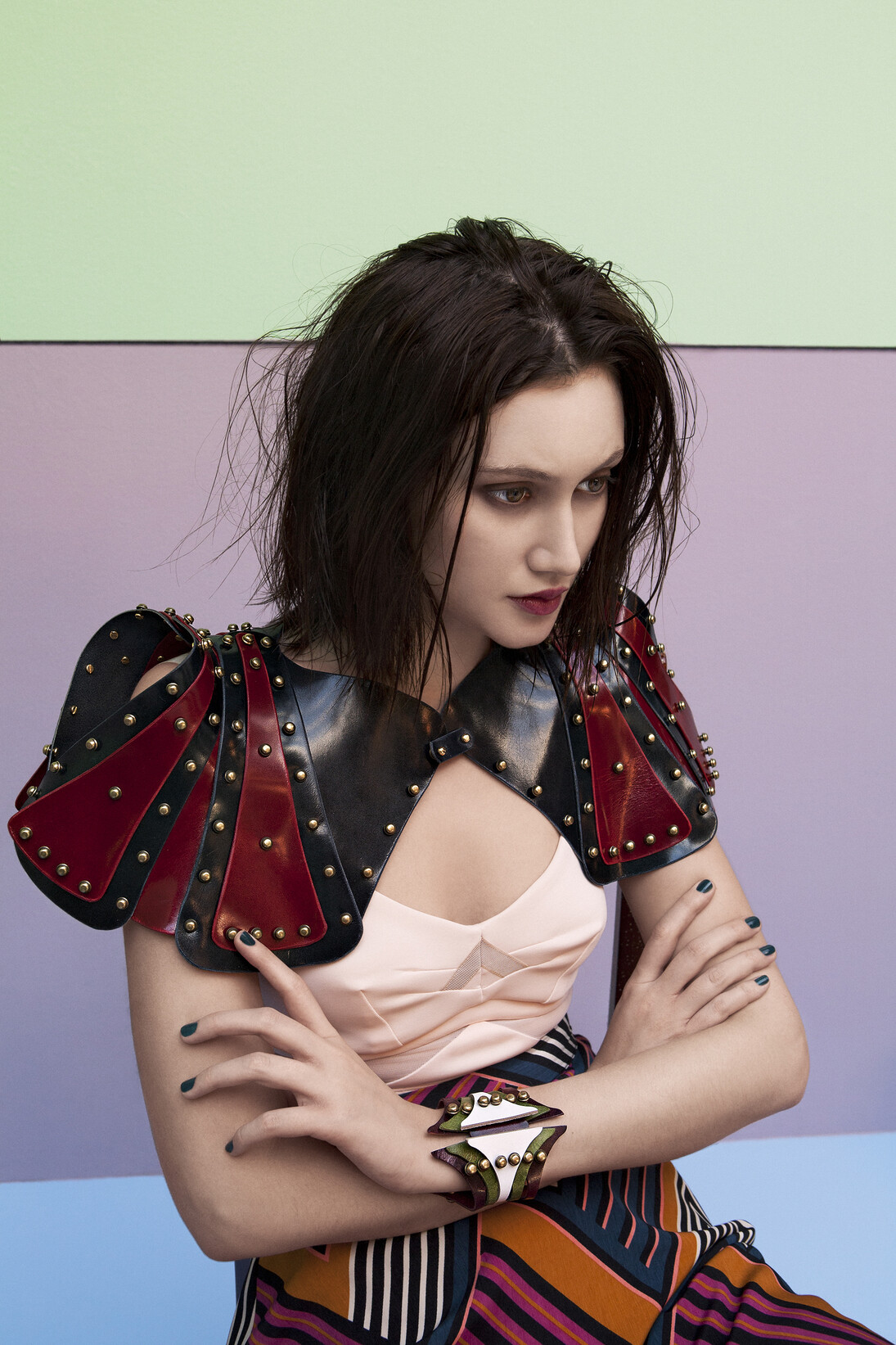 Úna Burke, Bolero Jacket, navy and red, Vegetable tanned Bovine leather with brass fittings and screws, photo credit Elena Pirogova