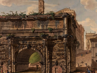 Anónimo, siglo XVIII, Arco de Settimio Severo, Avenida de Septimius Severo, Roma. En Madrid,Real Academia de San Fernando, España