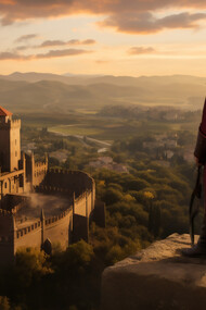 Overlooking the city and castle, a mighty king commands his domain with authority and strength
