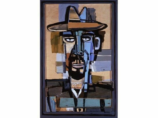 David Bates, Self Portrait with Hat, 1998-99, painted wood and metal, 48 x 31 ¼ inches. Collection of the artist. Photo: Tom Jenkins, courtesy of Talley Dunn Gallery © David Bates