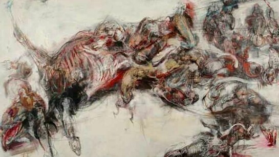 Lanfranco Quadrio, Agony of Actaeon - the pack 2013, Oil graphite pen pencil on canvas, 150 x 280cm