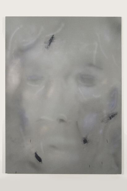 Ian Swanson, aging5, 2014-2015, airbrushed acrylic, graphite on rayon, 62 x 46 in.