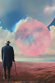 Surreal sky and a man with a stick in his hand