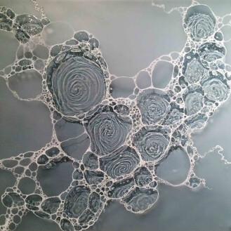 Carla Goldberg, Hudson River – Early Morning Fog, 2014, found objects, resin, acrylic panel, 22.75” x 24”
