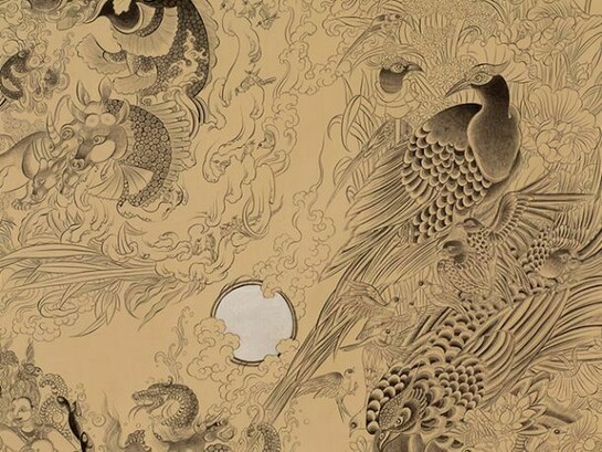 Pema Rinzin, Auspicious Dream 2, 2013, Sumi ink, gold, stone pigment on wood, 36 x 96 inches. Images courtesy of Joshua Liner Gallery