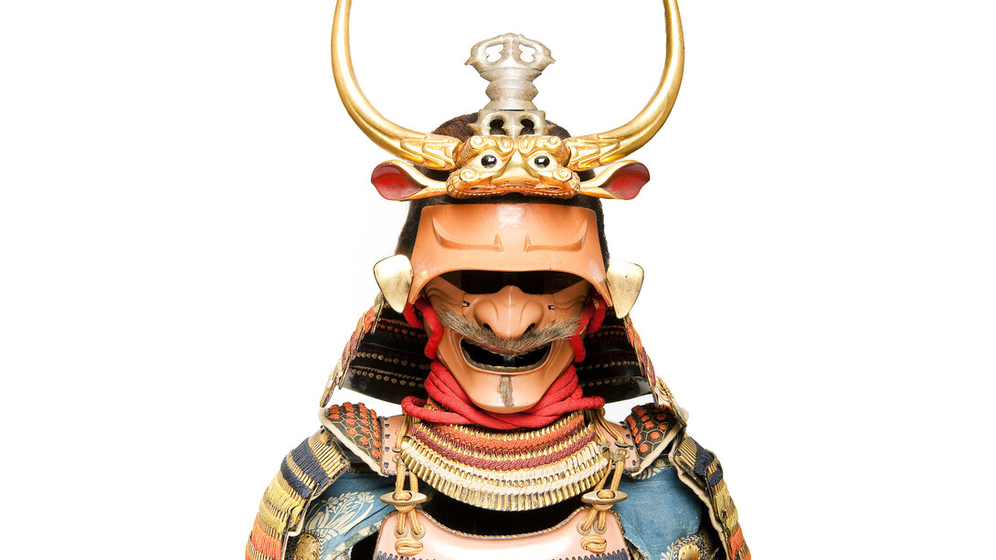 Tōsei Gusoku armor with multi-colored lacing and flesh-colored cuirass, Edo period, 18th century. Iron, lacquer, gold, boar fur, and boar bristle. Courtesy of Private Collection. Photography by Forrest Cavale and ZacForrest Cavale and Zach Niles of ThirdElementStudios.com