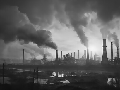 Gazing upon the landscape, the stark reality unfolds as a factory releases CO2 pollution into the air, leaving an indelible mark on the environmen