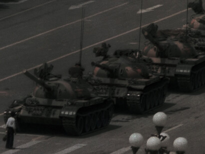 A demonstrator blocking tanks near Tiananmen Square, China 