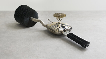 Keita Miyazaki, Black Tree, 2014, Aluminum bronze, paper, exhaust pipe, speaker system, enamel paint, 38 x 195 x 94 cm