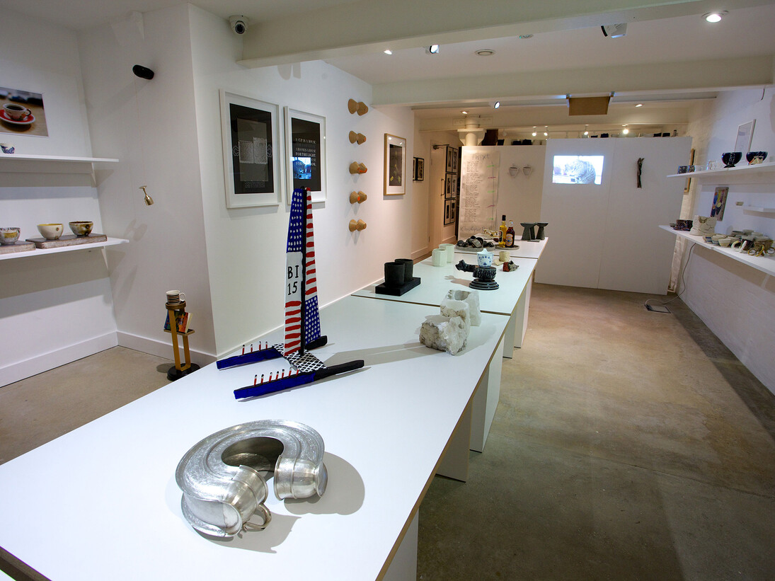 Installation view of Many a Slip, invited artists juggle with the domestic symbol of 'the cup' (2015) at Marsden Woo Gallery, image © Philip Sayer, courtesy of Marsden Woo Gallery, London